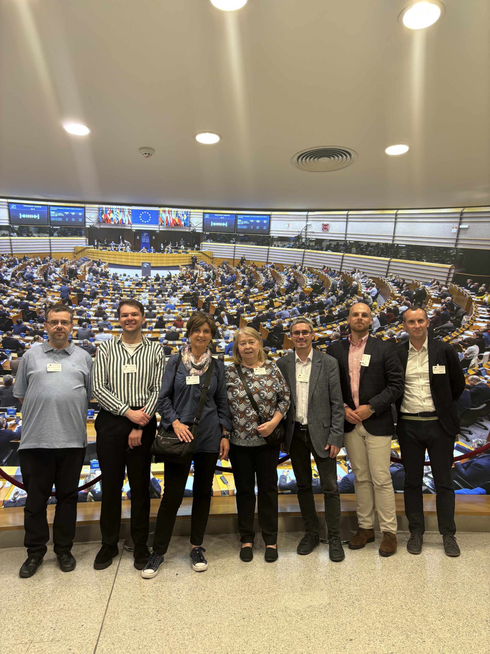 Na zdjęciu widzimy grupę siedmiu osób stojących na wprost kamery. Wszystkie osoby mają na sobie formalną lub biznesową odzież i noszą identyfikatory. W tle znajduje się duży obraz przedstawiający salę obrad z licznymi osobami siedzącymi wokół centralnego stołu, co wygląda na sesję w Parlamencie Europejskim. To zdjęcie wygląda jakby zostało wykonane w muzeum lub miejscu z wystawą dotyczącą Parlamentu Europejskiego.