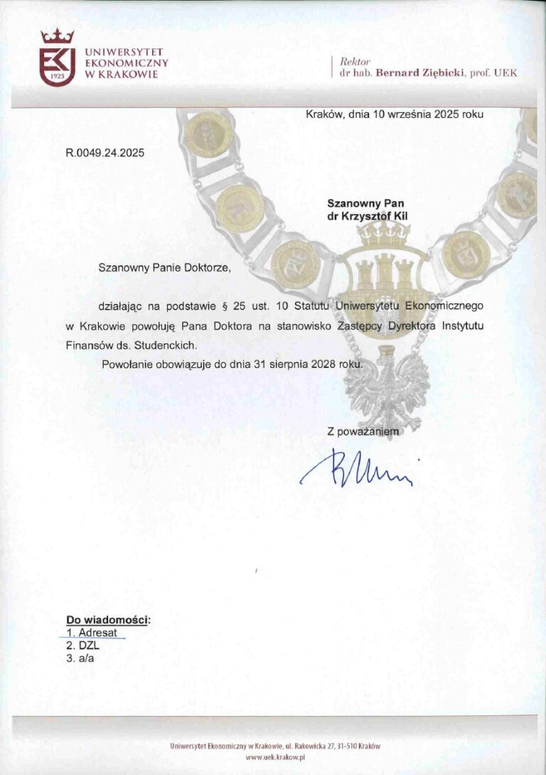 Skan powołania dr Krzysztofa Kila na stanowisko Zastępcy Dyrektora Instytutu Finansów