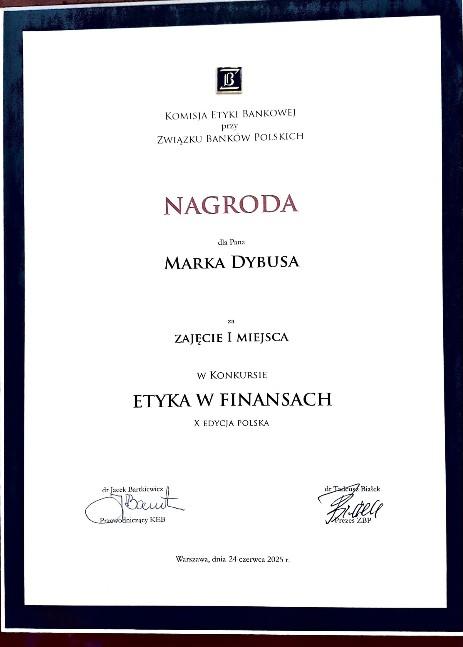 Zdjęcie dyplomu dla Marka Dybusa.