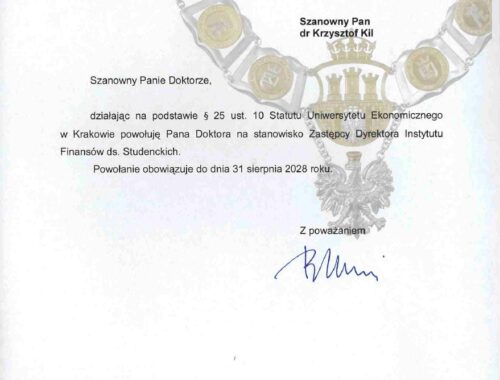 Skan powołania dr Krzysztofa Kila na stanowisko Zastępcy Dyrektora Instytutu Finansów