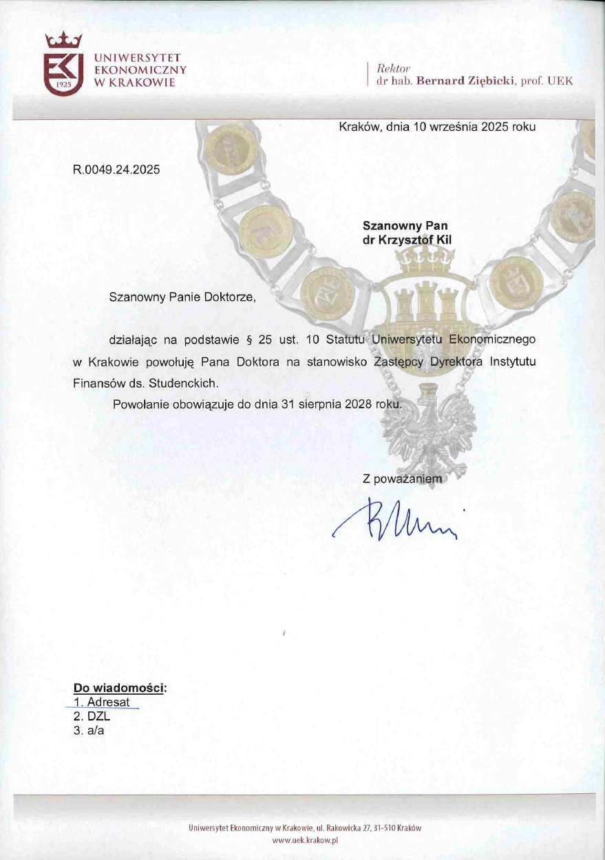 Skan powołania dr Krzysztofa Kila na stanowisko Zastępcy Dyrektora Instytutu Finansów